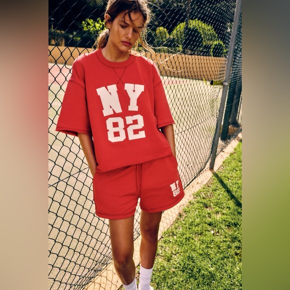 Zara NY 82 Varsity Patch Embroidered Distressed Trim Short Sleeve Sweatshirt Tee - Picture 2 of 7